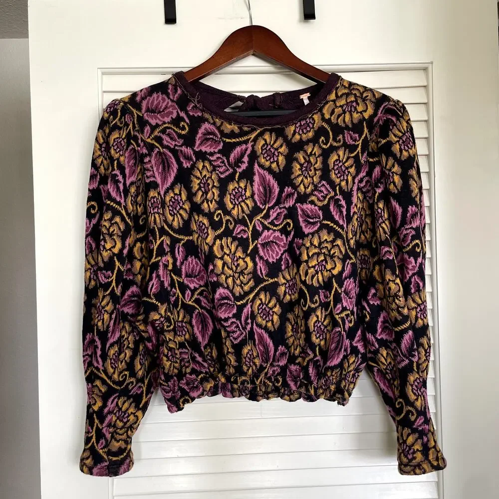 Free People No Ordinary Top Floral Cropped Puff Sleeve Sweater Size Small - Picture 4 of 9